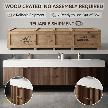 60''-96'' Double Bathroom Vanity with Sink Walnut Floating Open Shelving Vertically Grooved