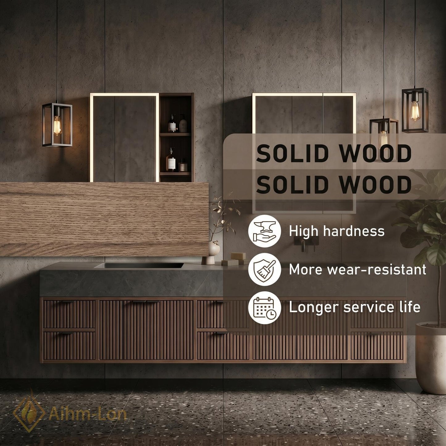 70''-96'' Modern Double Bathroom Vanity with Sink Floating Dark Wood Ridged Doors