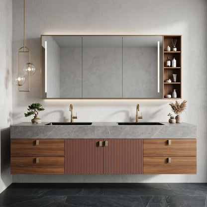 60''-96'' Modern Bathroom Vanity with Sink Double Sink Slatted Warm Walnut Side Shelving Cabinet