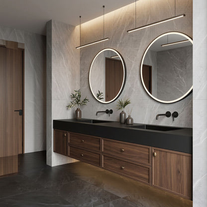60''-96'' Modern Bathroom Vanity with Sink Double Sink Dark Wood Grain Floating Mirror