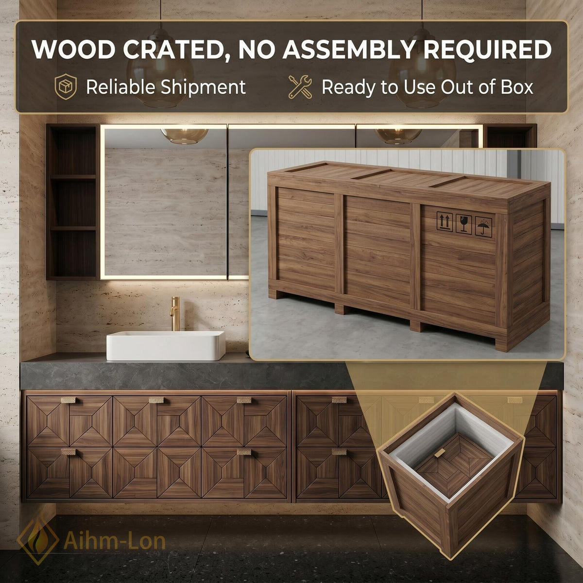 60''-96'' Double Bathroom Vanity with Sink Modern Floating Geometric Walnut Doors Side