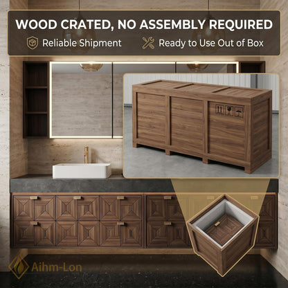 60''-96'' Double Bathroom Vanity with Sink Modern Floating Geometric Walnut Doors Side