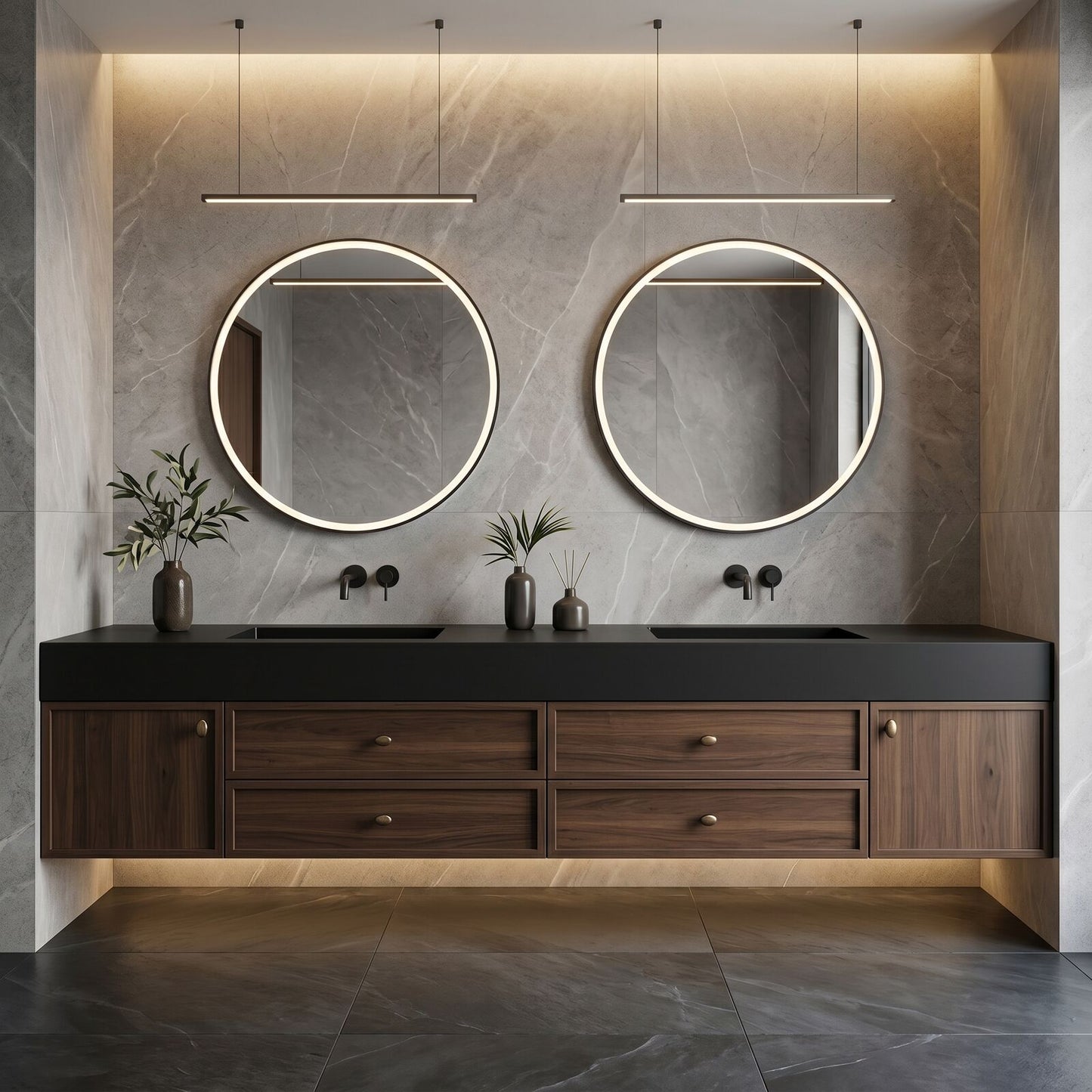 60''-96'' Modern Bathroom Vanity with Sink Double Sink Dark Wood Grain Floating Mirror