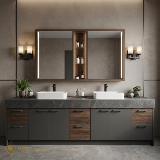 78''-96'' Double Bathroom Vanity with Sink Matte Finish Dark Grey Dual Wood