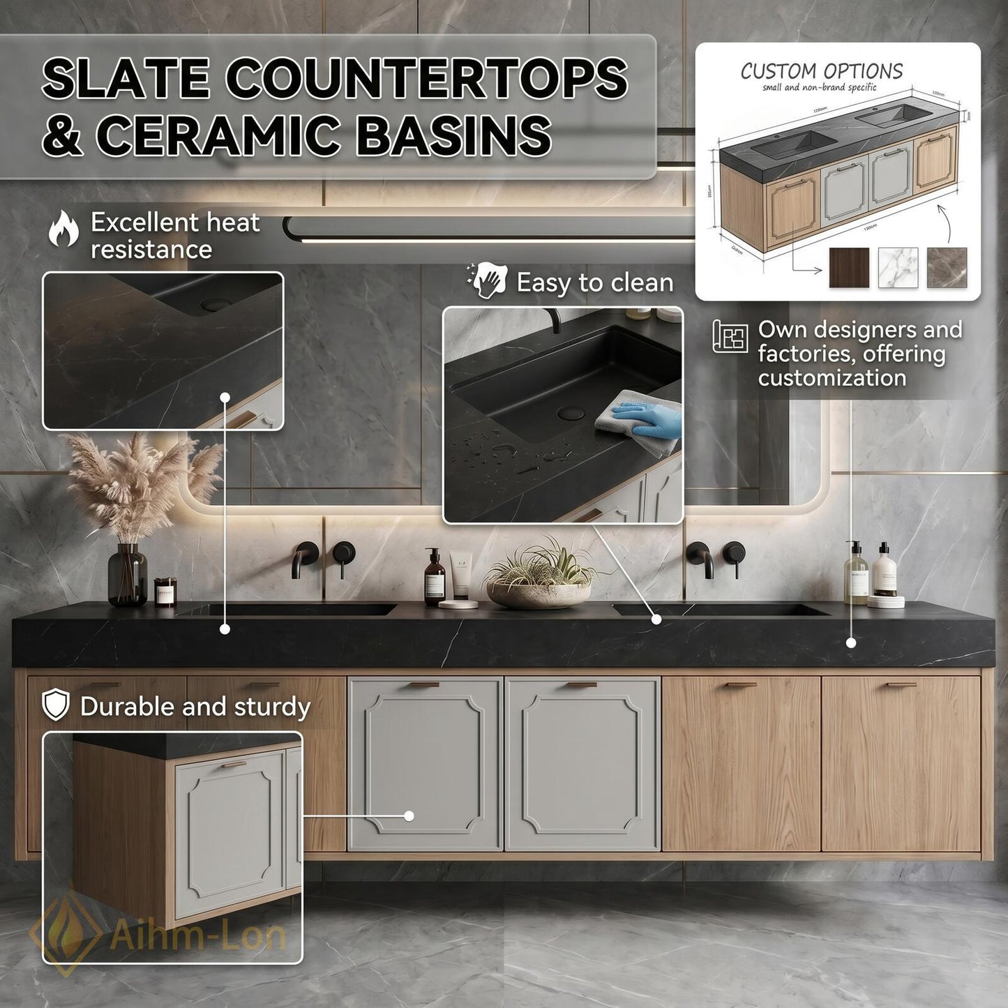 60''-96'' Double Bathroom Vanity with Sink Gray Natural-Wood Modern Floating Panel