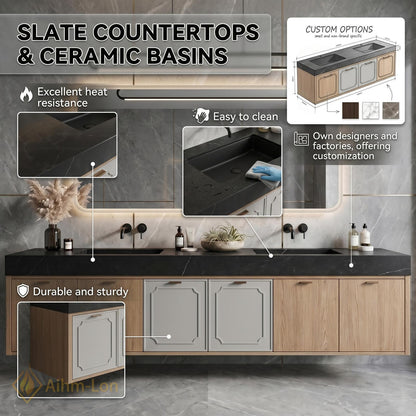 60''-96'' Double Bathroom Vanity with Sink Gray Natural-Wood Modern Floating Panel