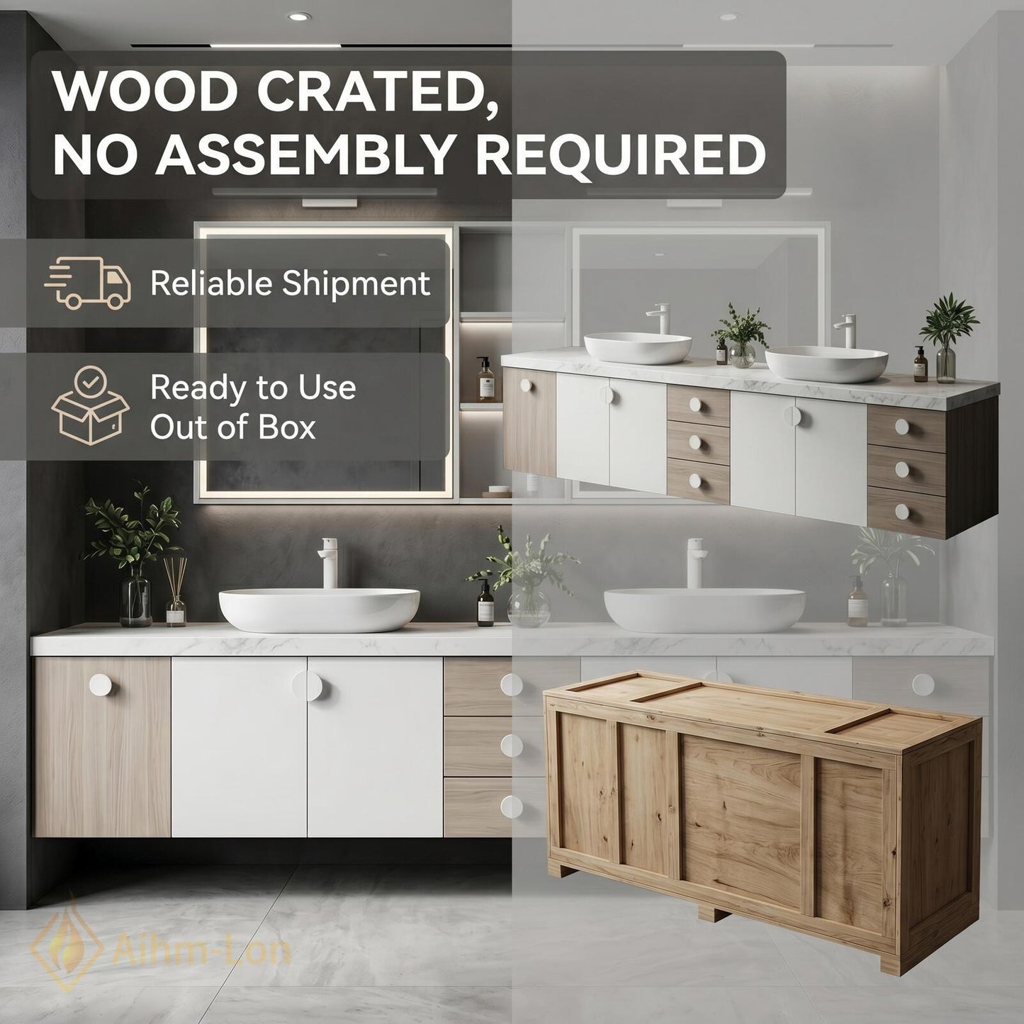 70''-96'' Modern Double Bathroom Vanity with Sink White Marble-Look Center Drawer Cabinet