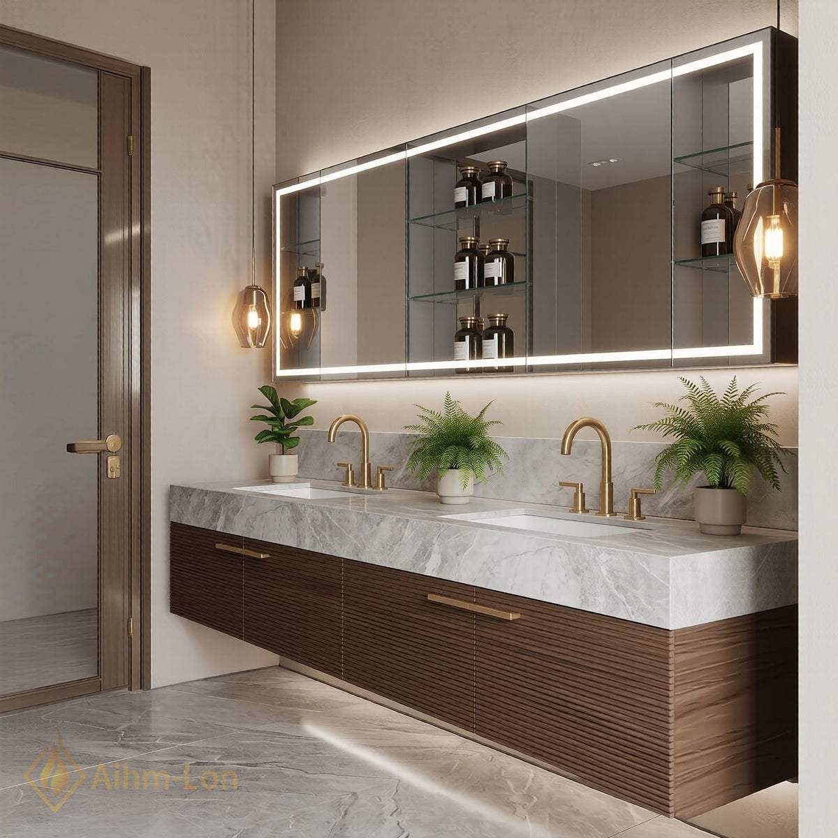 60''-96'' Double Bathroom Vanity with Sink Spacious Mirror Cabinet Luxurious Marble Top
