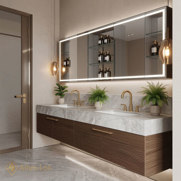 60''-96'' Double Bathroom Vanity with Sink Spacious Mirror Cabinet Luxurious Marble Top