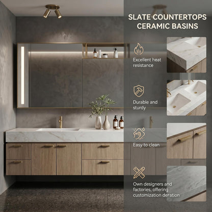 70''-96'' Modern Bathroom Vanity with Sink Floating Double White Marble Oak Wood