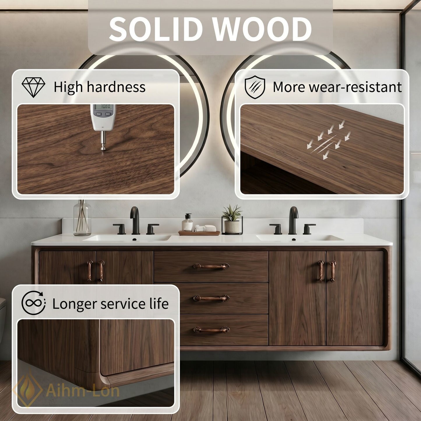 70''-96'' Double Bathroom Vanity with Sink Rich Wood Grain Floating Center Drawers