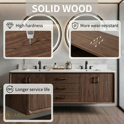 70''-96'' Double Bathroom Vanity with Sink Rich Wood Grain Floating Center Drawers