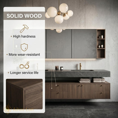 60''-96'' Double Bathroom Vanity with Sink Grey Stone Walnut Drawers Open Storage