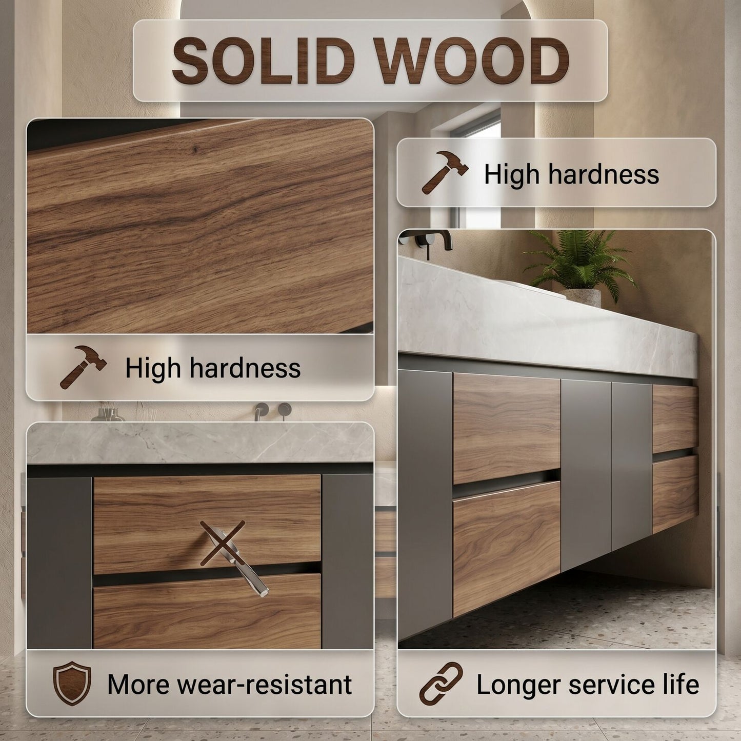 70''-96'' Modern Bathroom Vanity with Sink Double Sink Split Panels Natural Wood Finish