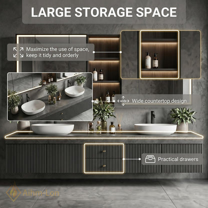 60''-96'' Modern Bathroom Vanity with Sink Floating Grey Slatted Stone Composite Drawers