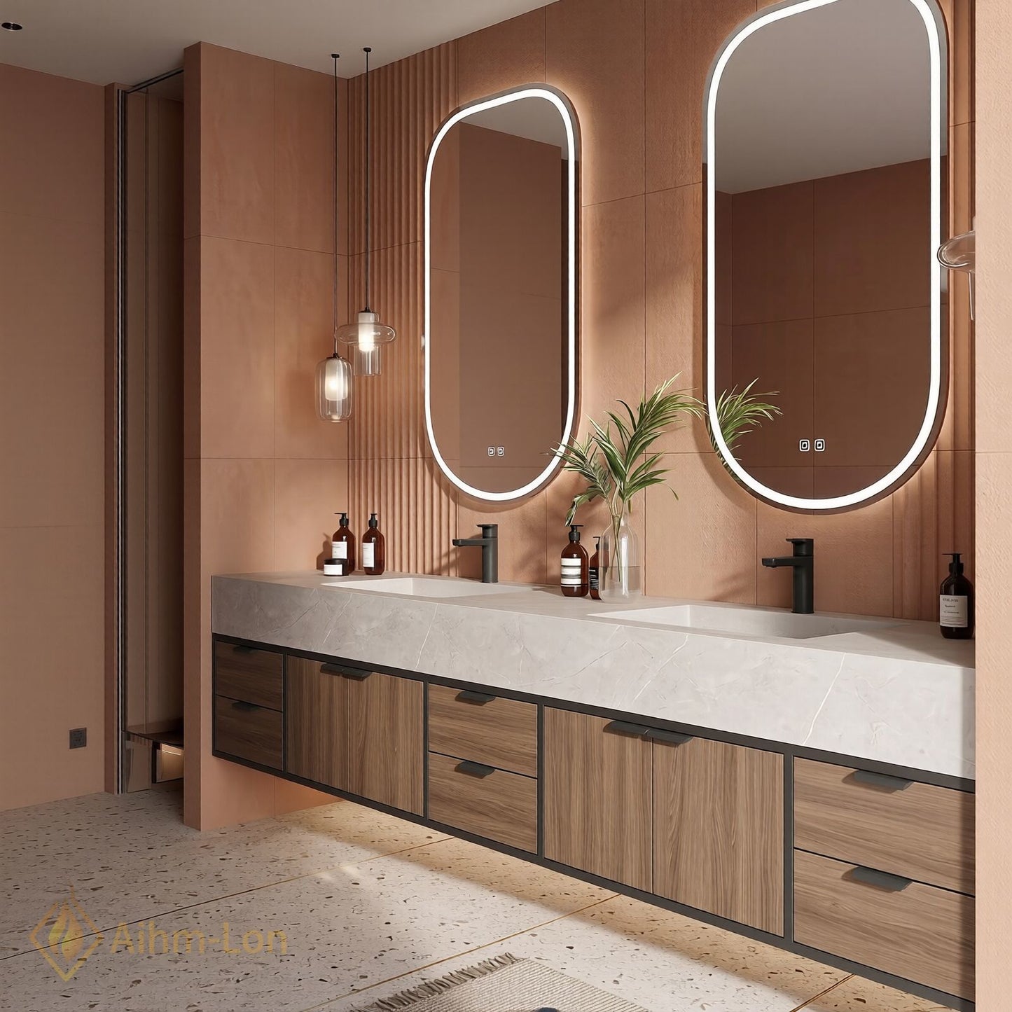 78''-96'' Double Bathroom Vanity with Sink Floating Modern Wood-Grain Sleek Oval Mirrors
