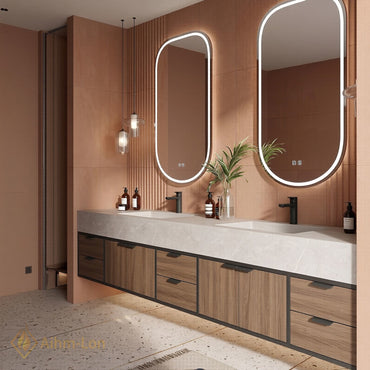 78''-96'' Double Bathroom Vanity with Sink Floating Modern Wood-Grain Sleek Oval Mirrors