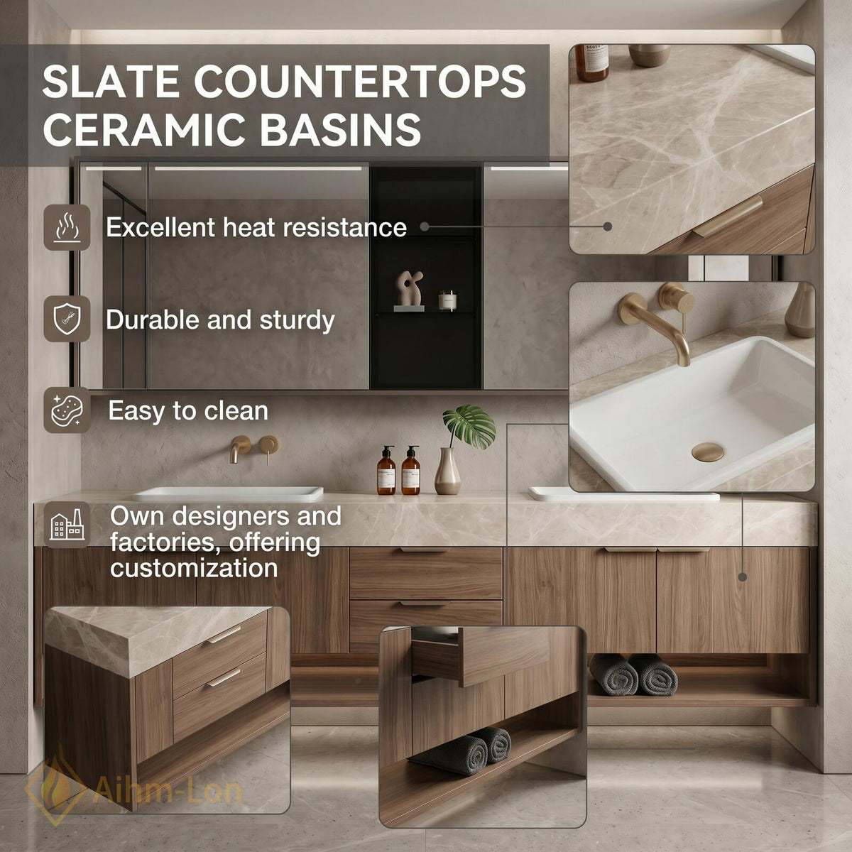 60''-96'' Double Bathroom Vanity with Sink Floating Warm Woodgrain Finish Open Shelf