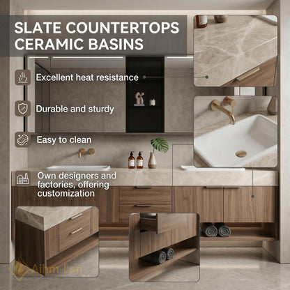 60''-96'' Double Bathroom Vanity with Sink Floating Warm Woodgrain Finish Open Shelf