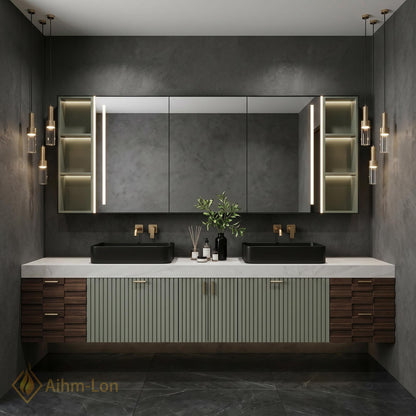 78''-96'' Bathroom Vanity with Sink Floating Double Sage Finish Fluted Front Muted