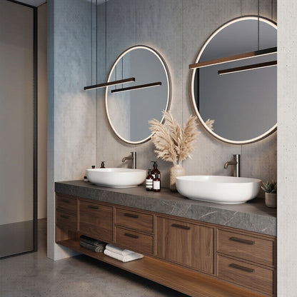 72''-96'' Modern Bathroom Vanity with Sink Grey Stone Natural Wood Texture Double Vessel