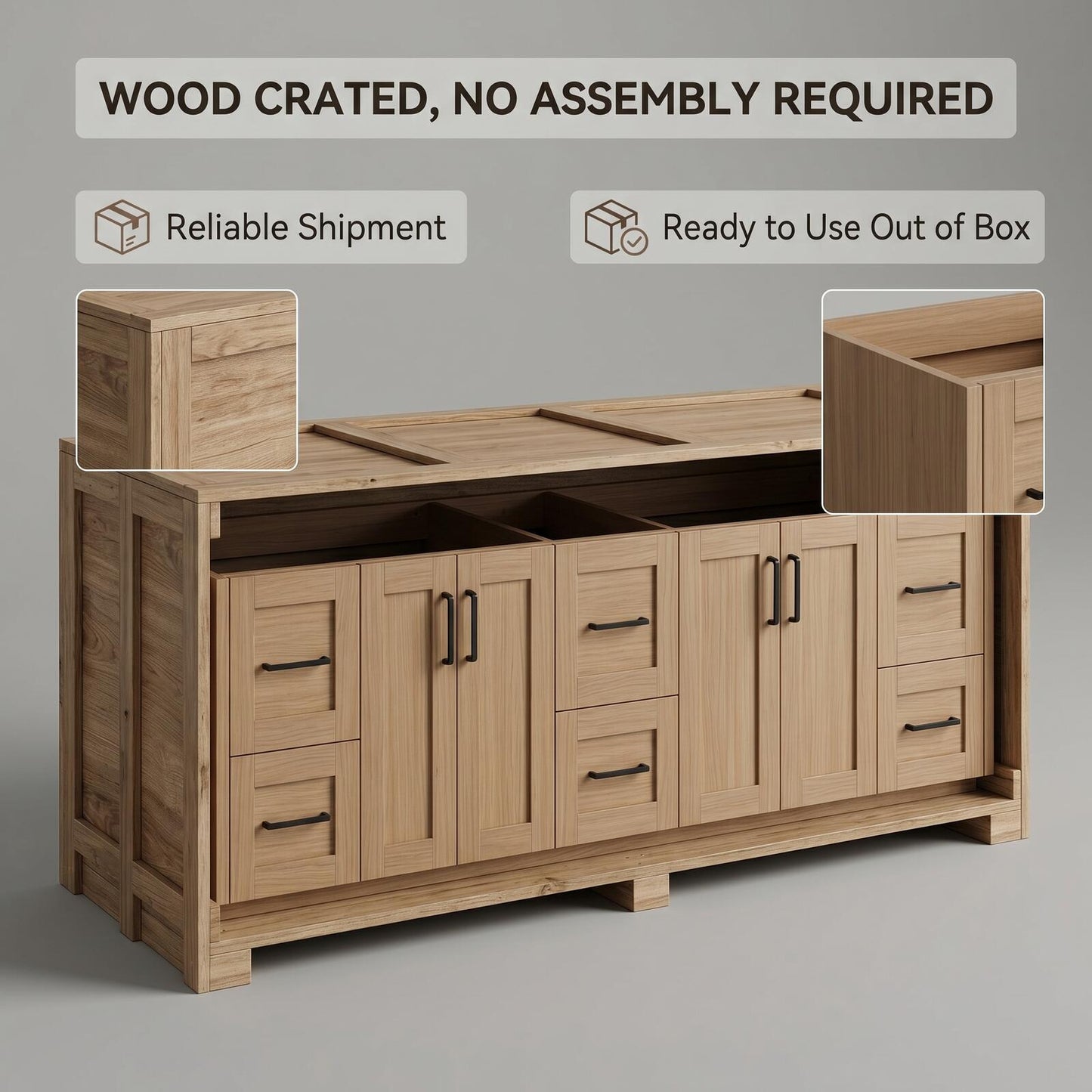 70''-96'' Modern Bathroom Vanity with Sink Double Sink Natural Wood Open Shelving Cabinet