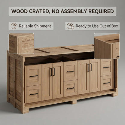 70''-96'' Modern Bathroom Vanity with Sink Double Sink Natural Wood Open Shelving Cabinet