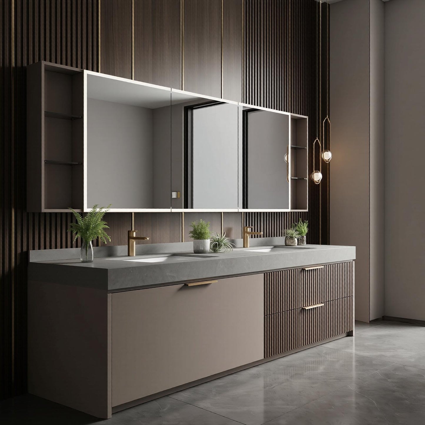 60''-96'' Modern Bathroom Vanity with Sink Double Sink Slatted Front Panels Mirror Cabinet