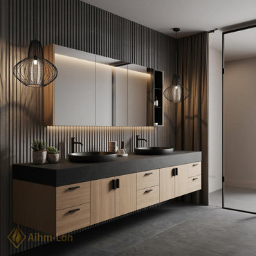 60''-96'' Double Bathroom Vanity with Sink Floating Light Oak Dark Stone Top