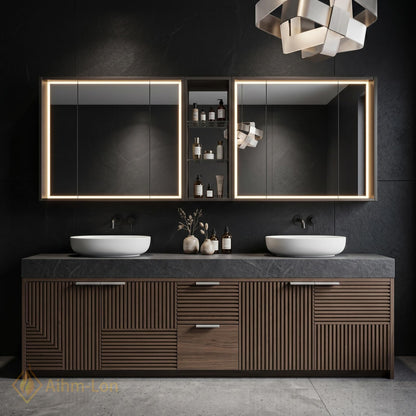 70''-96'' Modern Double Bathroom Vanity with Sink Dark Walnut Slatted Center Shelving