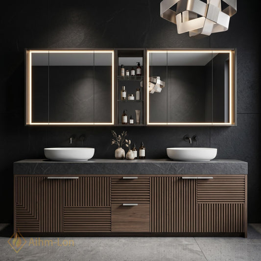 70''-96'' Modern Double Bathroom Vanity with Sink Dark Walnut Slatted Center Shelving