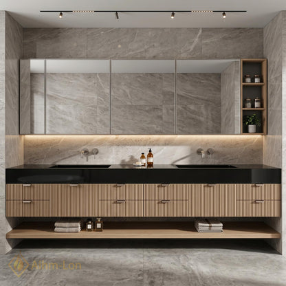 78''-96'' Modern Floating Double Bathroom Vanity with Sink Wood Grain Slatted Drawer