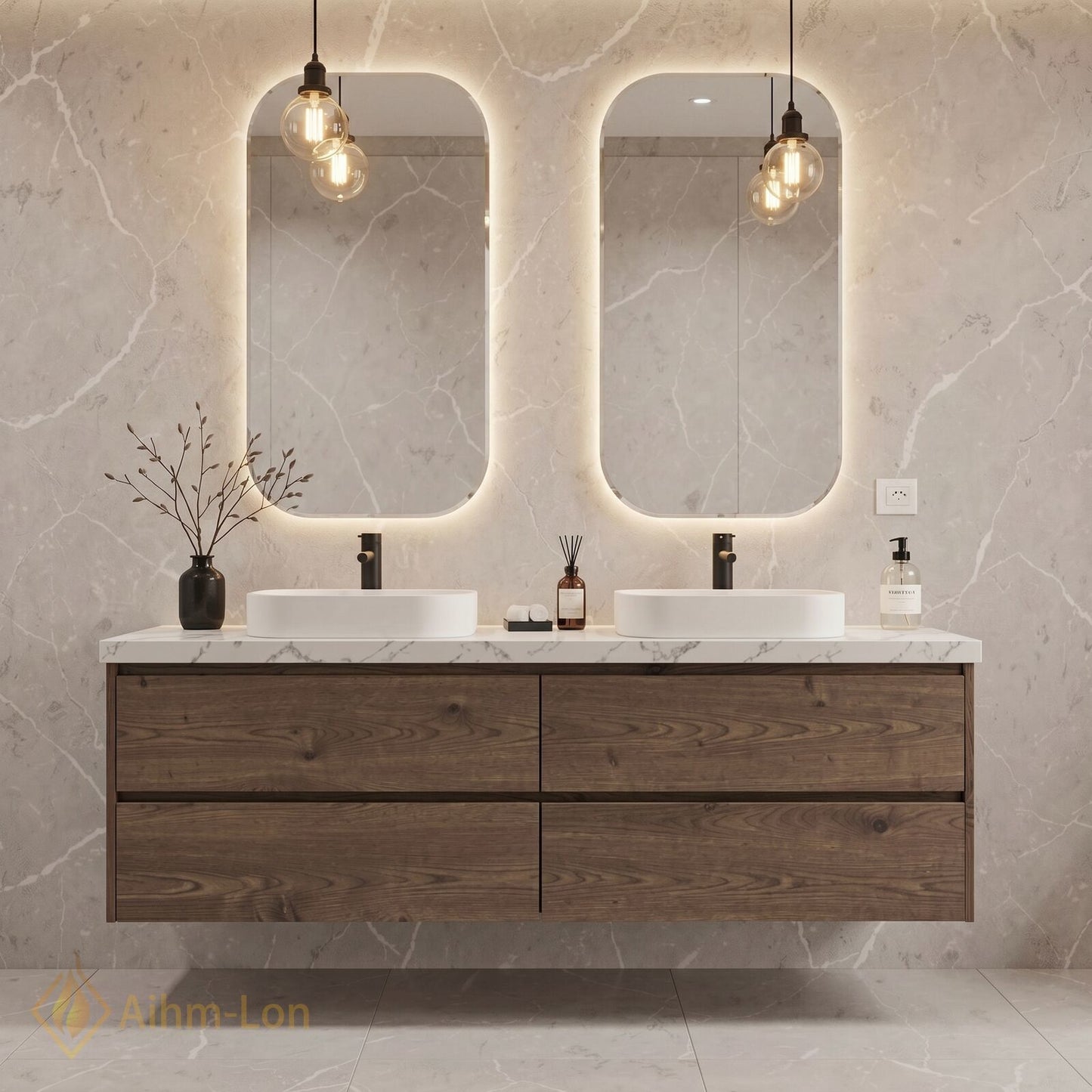 60''-96'' Modern Bathroom Vanity with Sink Floating Dark Wood Grain Dual Basin Drawers