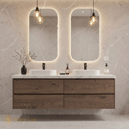 60''-96'' Modern Bathroom Vanity with Sink Floating Dark Wood Grain Dual Basin Drawers