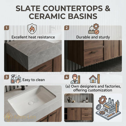 76''-96'' Double Bathroom Vanity with Sink Floating Double Wood Grain Panels Stone