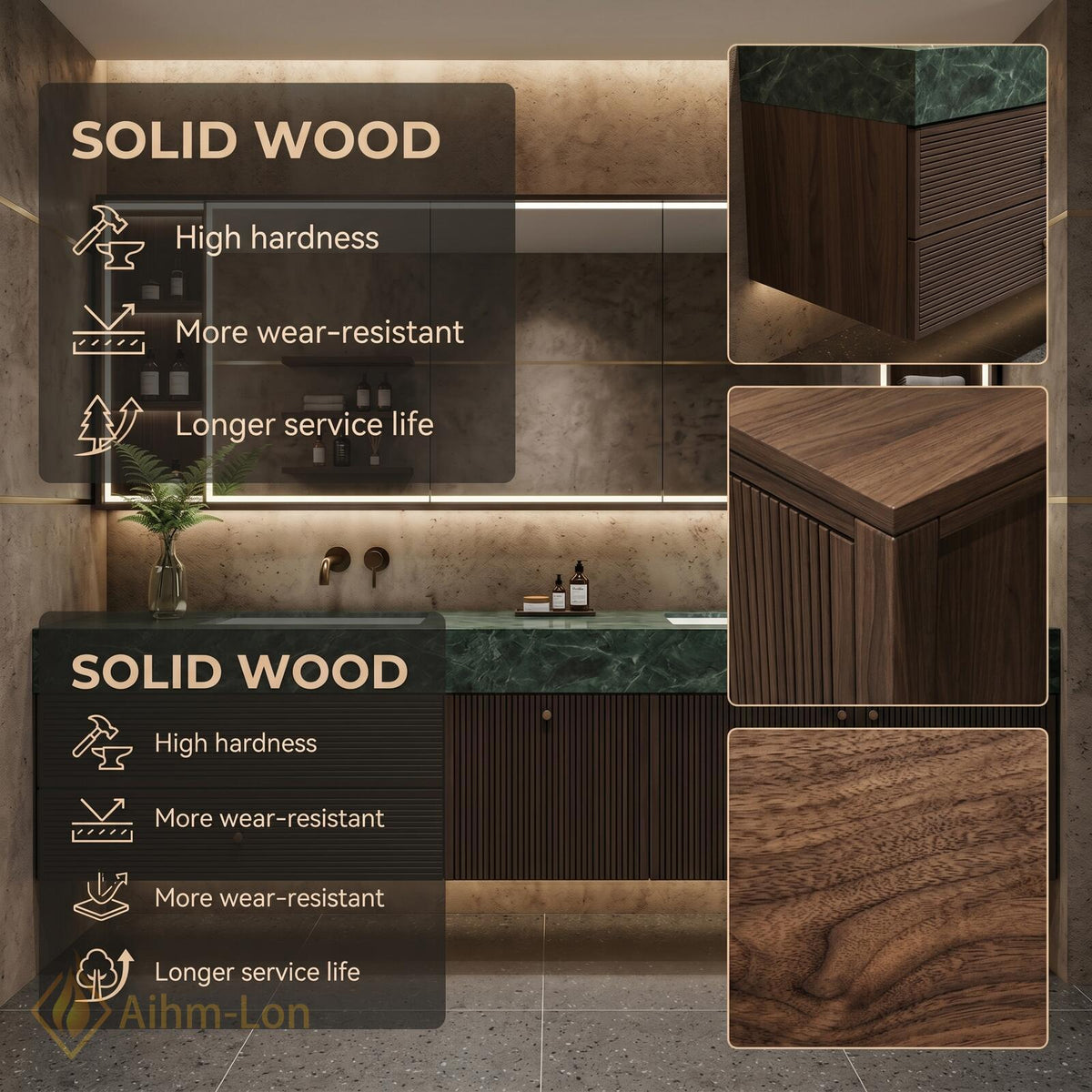 60''-96'' Double Bathroom Vanity with Sink Dark Walnut Slatted Front Dual Drawers