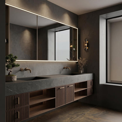 60''-96'' Double Bathroom Vanity with Sink Modern Floating Dark Stone Slatted Open Shelving