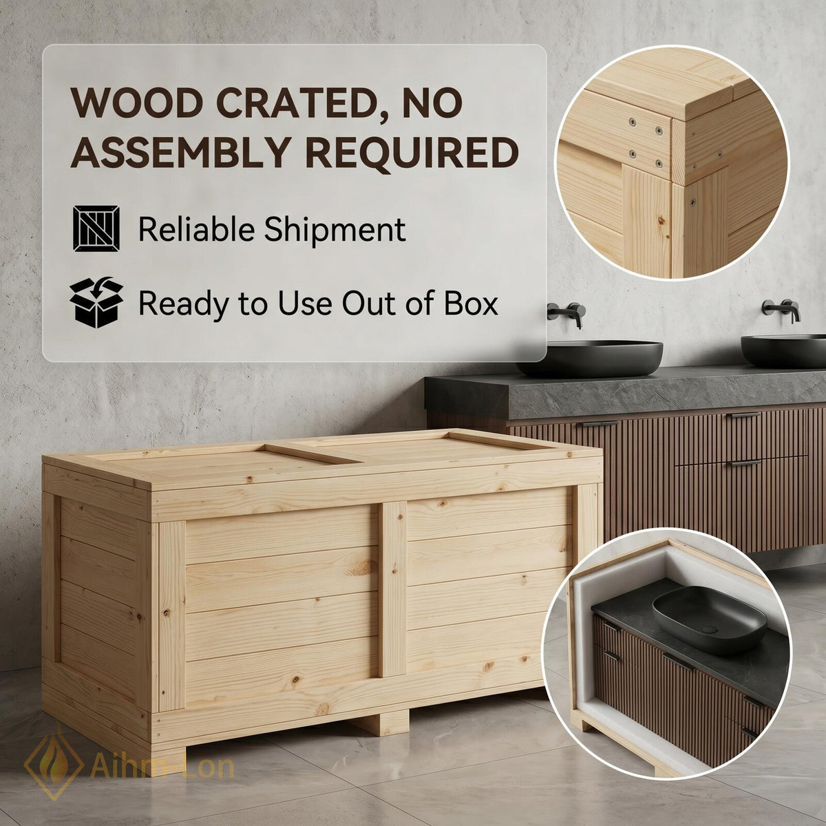 60''-96'' Double Bathroom Vanity with Sink Contemporary Floating Slatted Panels Dark Walnut