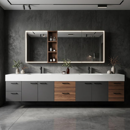 70''-96'' Modern Bathroom Vanity with Sink Dark Walnut Slatted Center Open Shelving