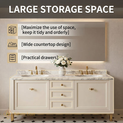 60''-96'' Modern Bathroom Vanity with Sink White Shaker Marble Gold Hardware Drawers