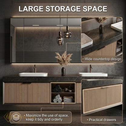 60''-96'' Double Bathroom Vanity with Sink Dark Modern Floating Stone Countertop Slatted