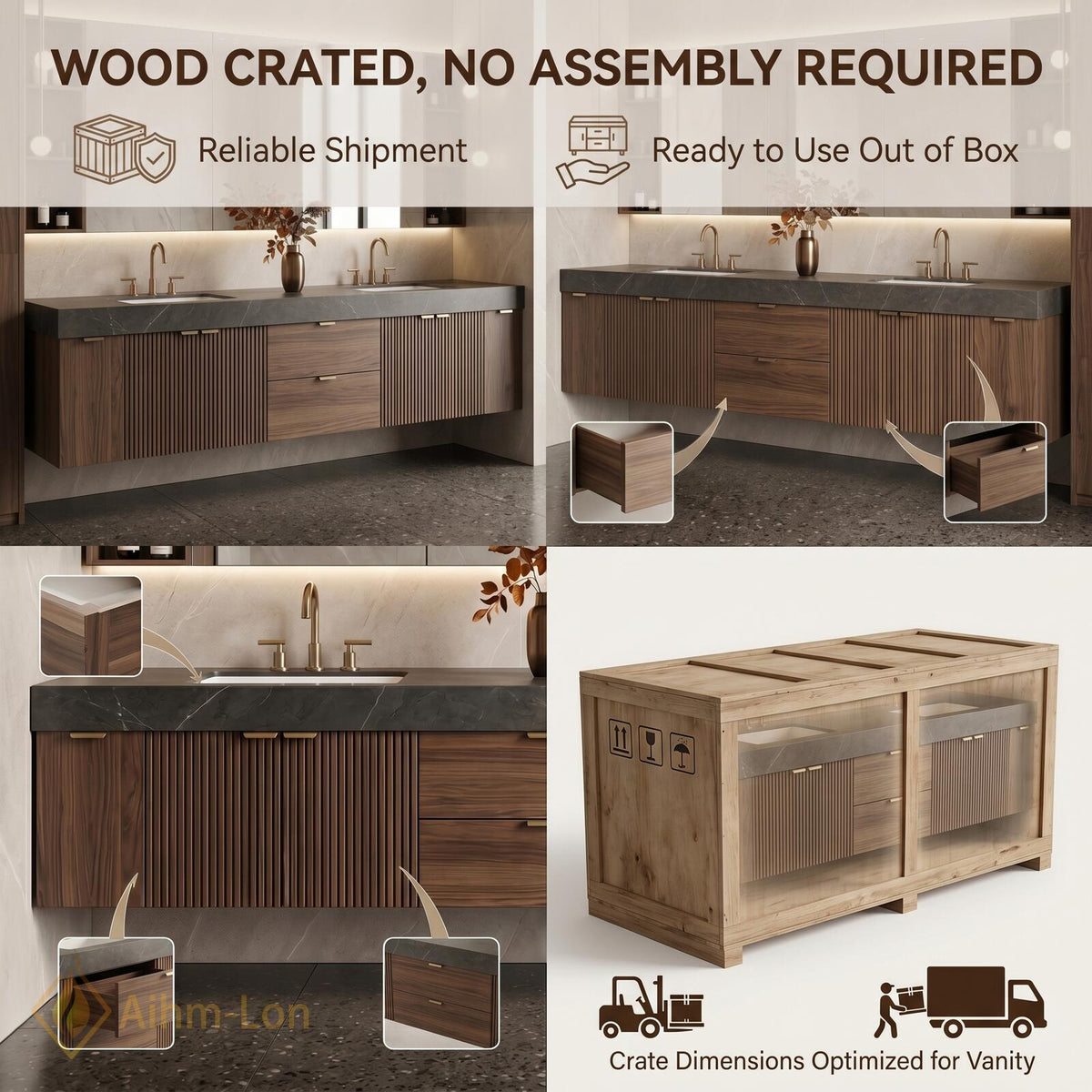 60''-96'' Double Bathroom Vanity with Sink Modern Slatted Front Panels Open Shelving