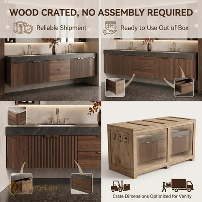 60''-96'' Double Bathroom Vanity with Sink Modern Slatted Front Panels Open Shelving