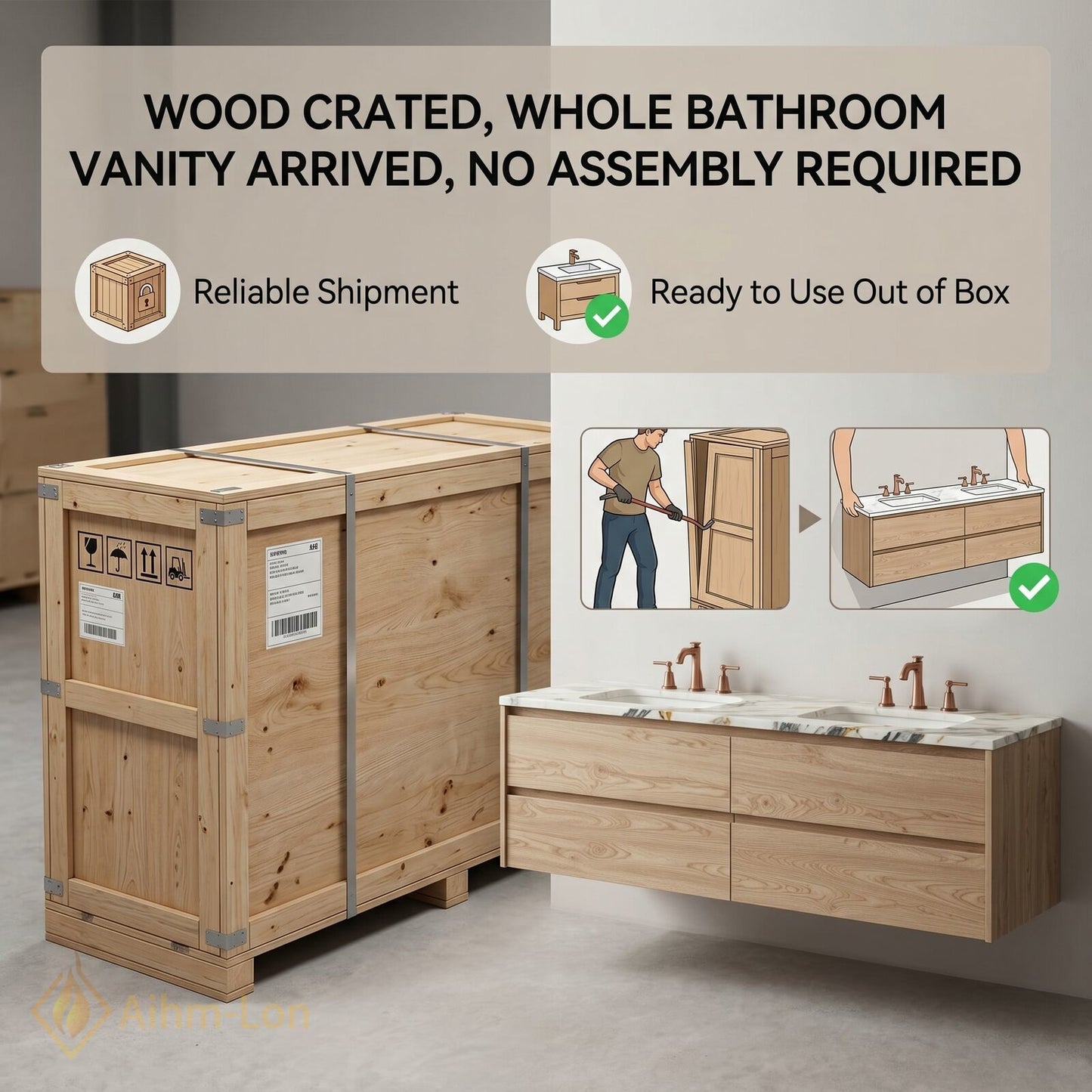 60''-96'' Modern Bathroom Vanity with Sink Floating Wood Grain White Marble Gold Mirror