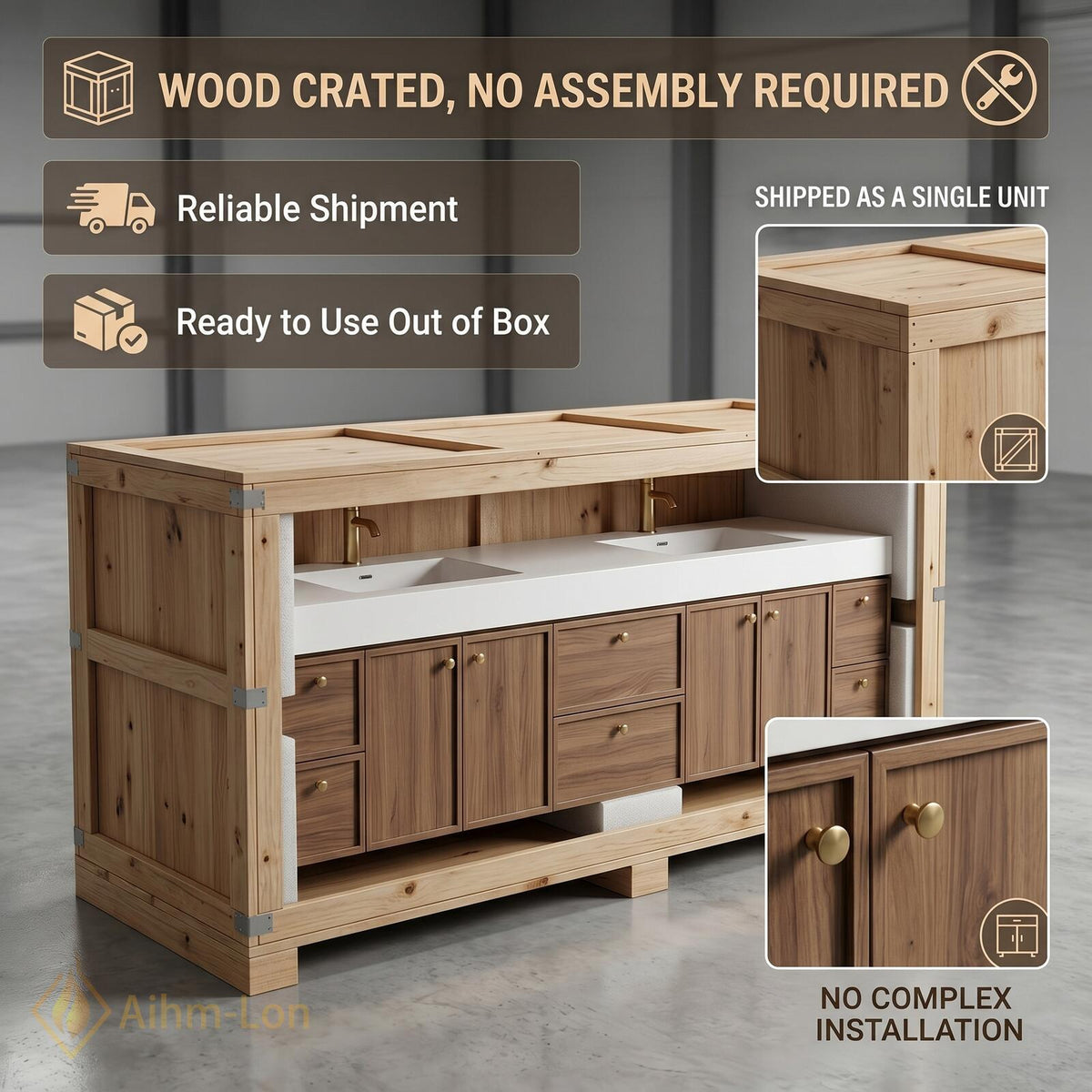 60''-96'' Double Bathroom Vanity with Sink Floating Warm Oak Grain Finish Drawers