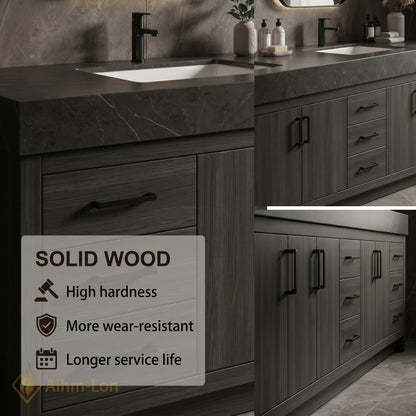 78''-96'' Double Bathroom Vanity with Sink Solid Wood Cabinet Dark Stone Countertop