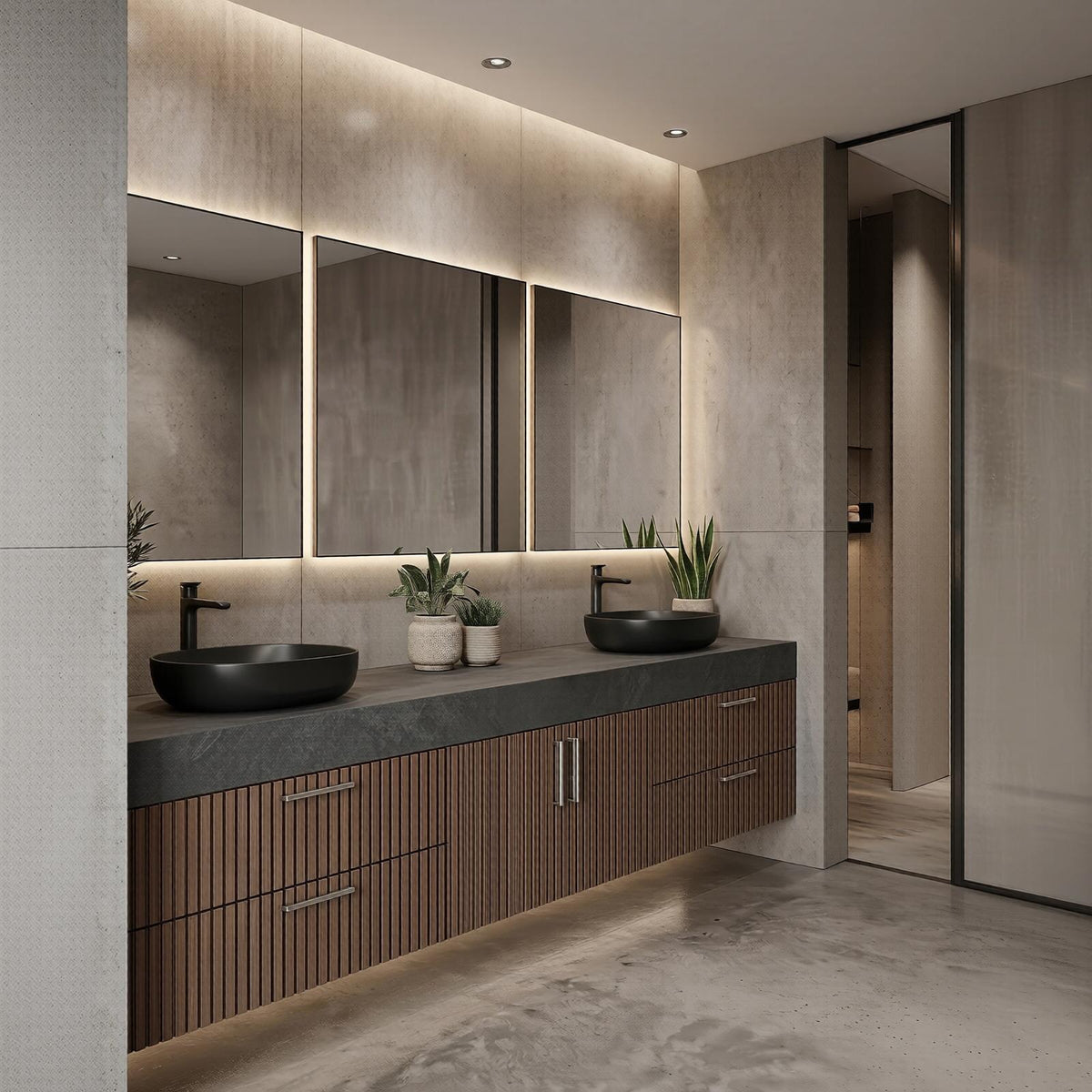 60''-96'' Double Bathroom Vanity with Sink Modern Floating Dark Stone Top Vertical Slats