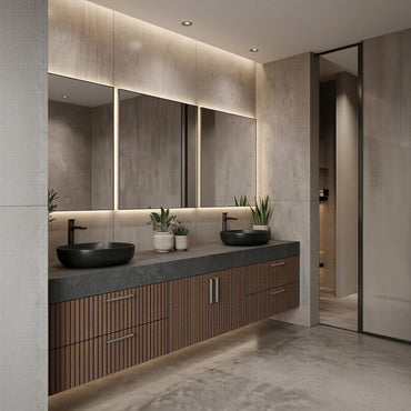 60''-96'' Double Bathroom Vanity with Sink Modern Floating Dark Stone Top Vertical Slats