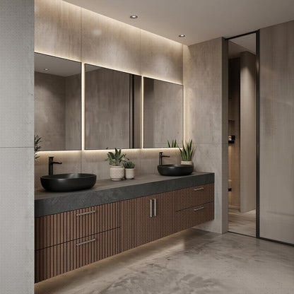 60''-96'' Double Bathroom Vanity with Sink Modern Floating Dark Stone Top Vertical Slats