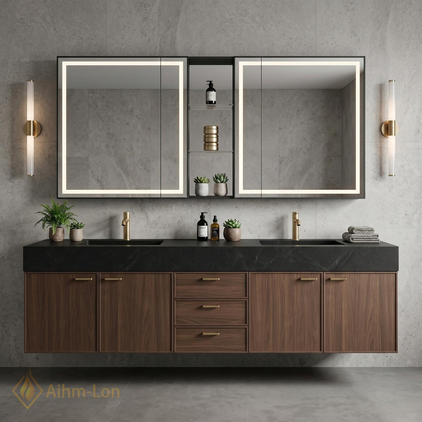 60''-96'' Contemporary Double Bathroom Vanity with Sink Dark Stone Rich Wood Grain